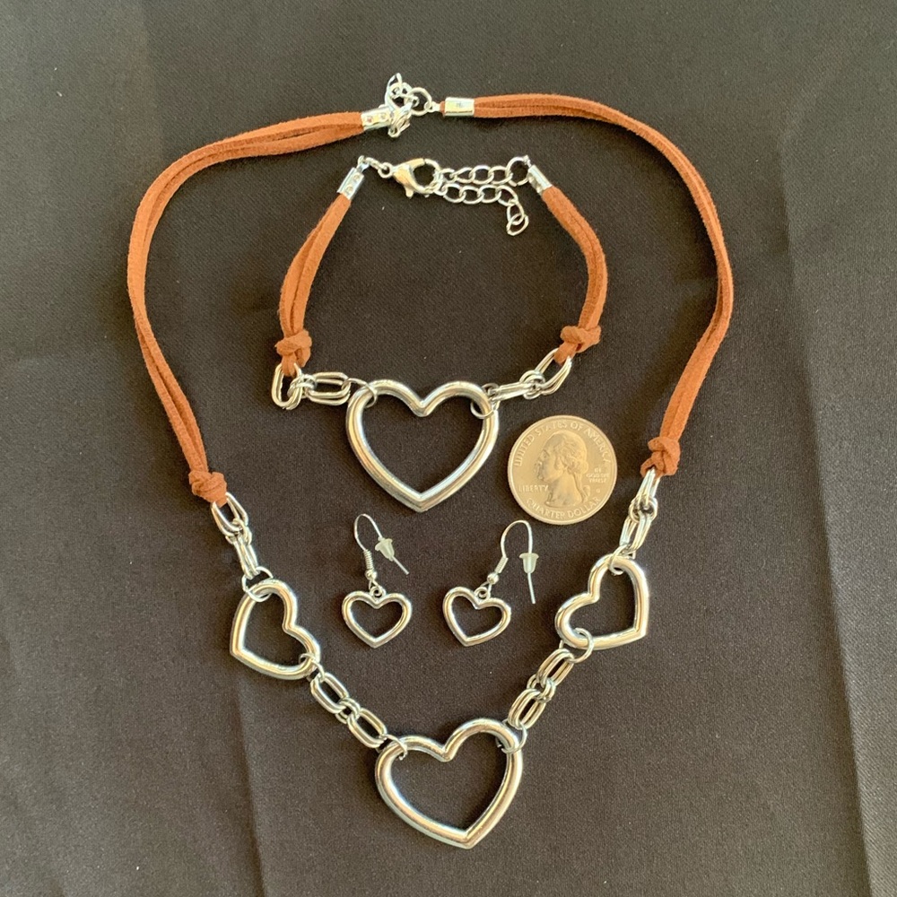 Leather heart bracelet, necklace, earrings set